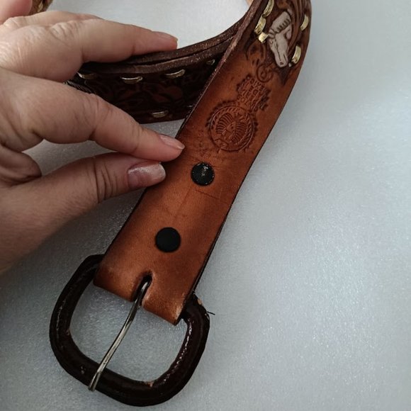 ❤️HP❤️🐎Vintage Brown Leather Belt Cintos Imperial Belt Mexican Horses Design - Picture 6 of 11